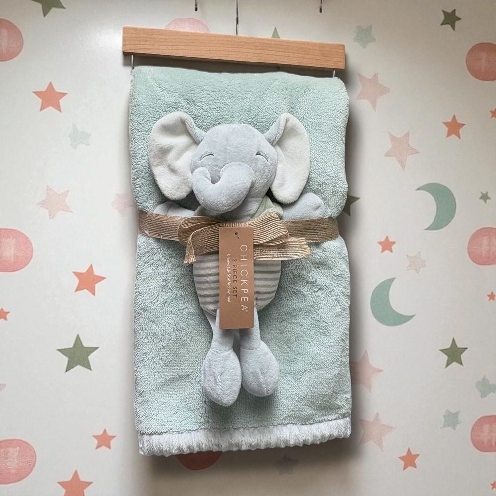 New Chickpea Mint Green Baby Blanket Ribbed & Plush Striped‎ Elephant Toy